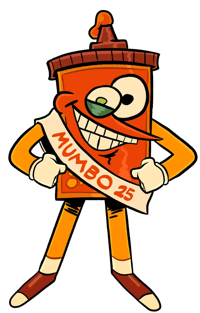 Mumbie the Mumbo Sauce wearing a festival sash